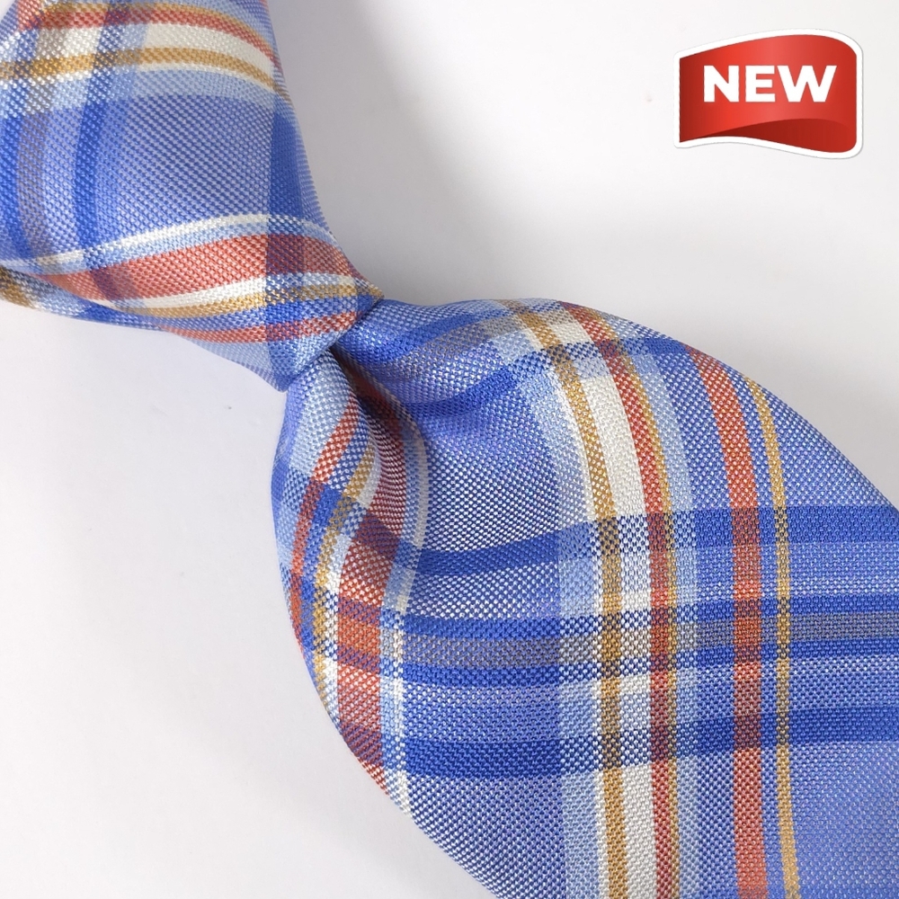 JOS A BANK Traveler, Men's 100% Silk Tie, Stain Resistant Plaid. Blue & Red. NWT